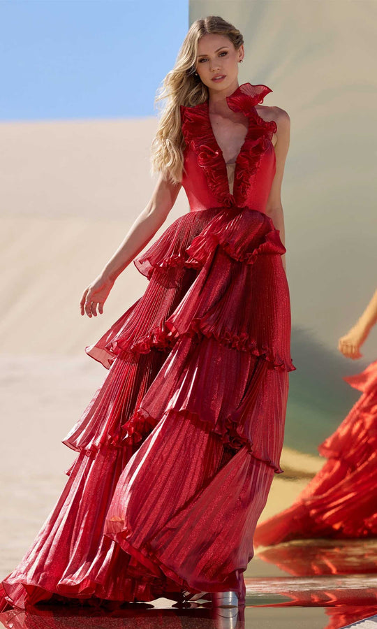 Sherri Hill 56801 - Tiered Pleated Gown with Halter V-Neck