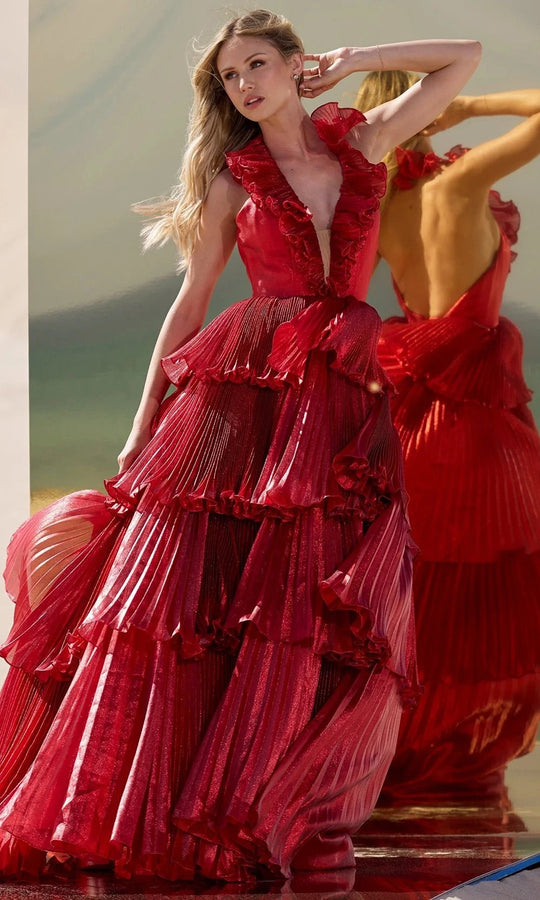 Sherri Hill 56801 - Tiered Pleated Gown with Halter V-Neck