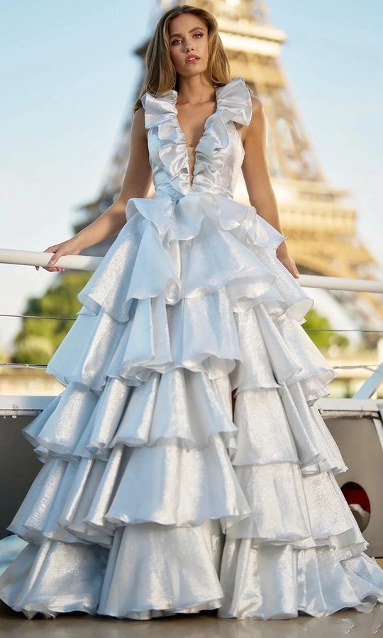 Sherri Hill 56802 - Halter Lame Ballgown with Ruffles
