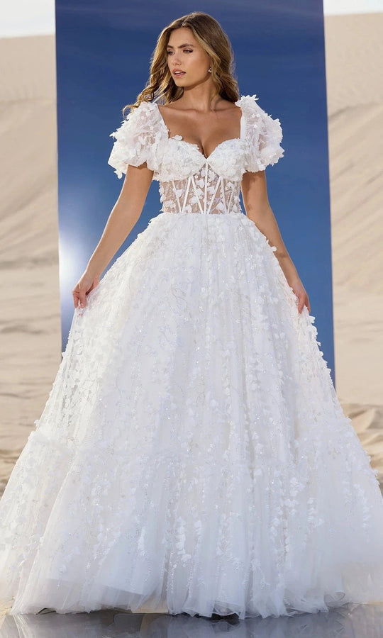 Sherri Hill 56813 - Floral Applique Puff Sleeve Ballgown