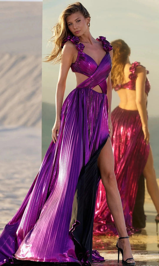 Sherri Hill 56827 - Floral Applique Pleated Gown with Slit