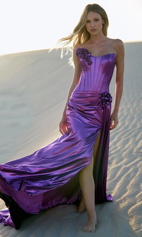 Sherri Hill 56839 - Floral Accent Satin Gown with Slit