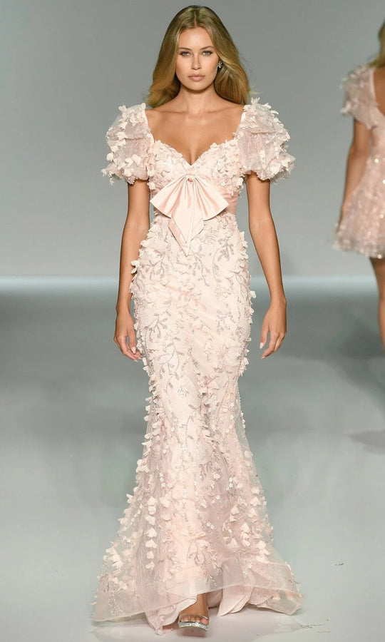 Sherri Hill 57047 - Embroidered Lace Mermaid Gown with Puff Sleeves