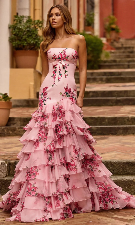 Sherri Hill 57144 - Strapless Floral Ruffled Gown