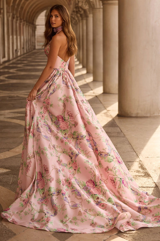 Sherri Hill 57600 - Halter Plunge Floral Print Gown with Slit