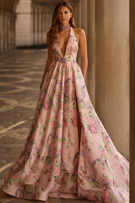 Sherri Hill 57600 - Halter Plunge Floral Print Gown with Slit