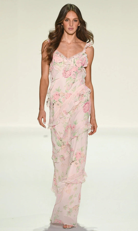 Sherri Hill 57782 - Ruffle Trim Floral V-Neckline Gown
