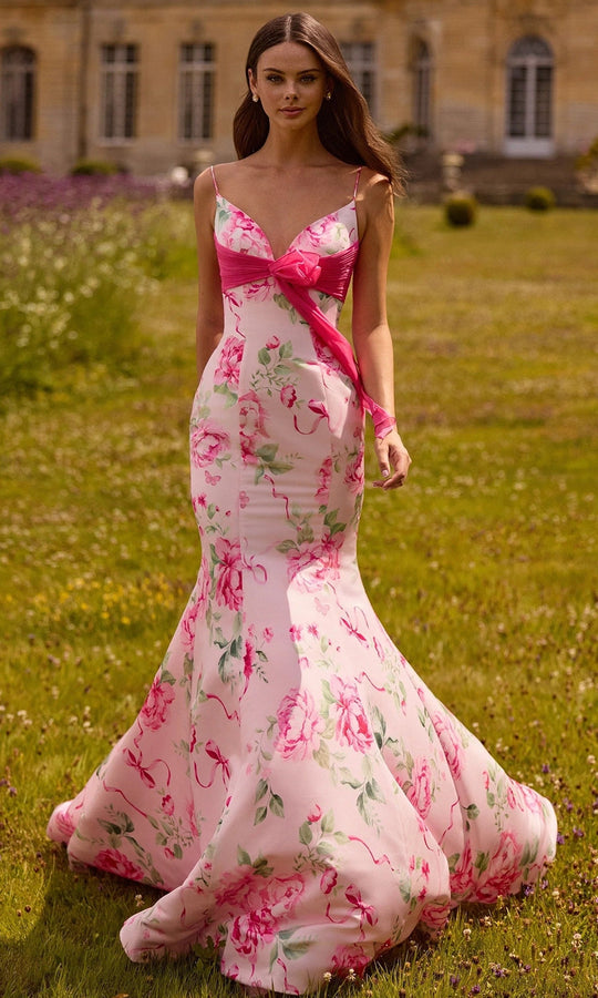 Sherri Hill 57834 - Floral Mermaid Dress with Chiffon Bow