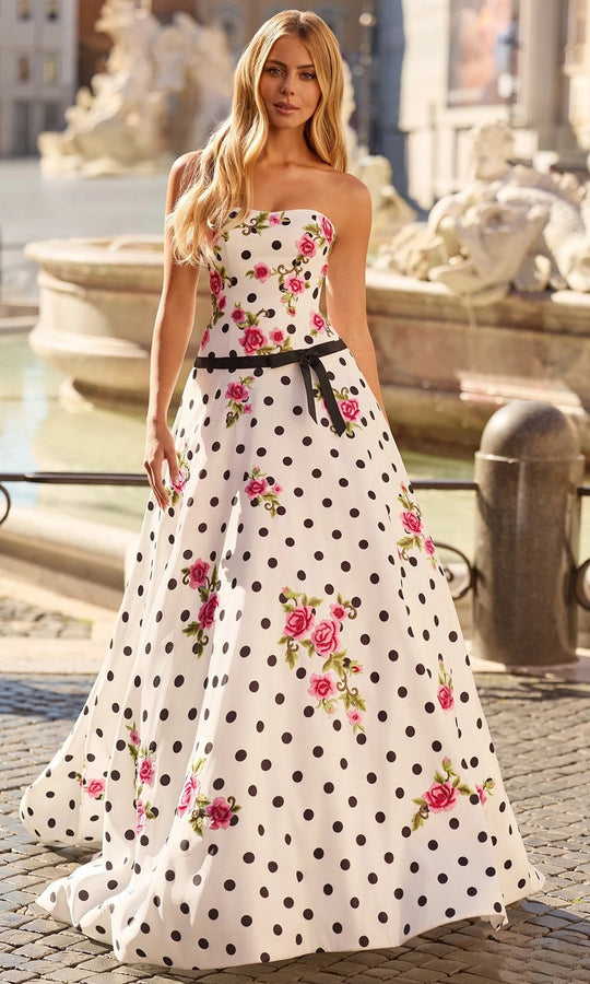 Sherri Hill 57980 - Polka Dot Strapless Gown with Floral Appliques