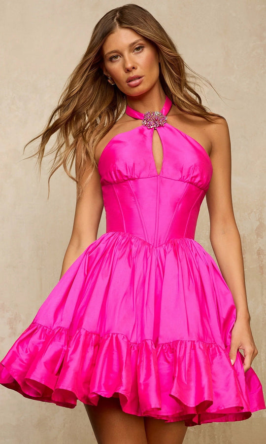 Sherri Hill 67062 - Halter A-Line Cocktail Dress with Rosette Brooch