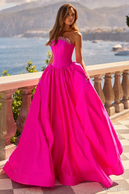 Sherri Hill 67229 Beaded Floral Accent Strapless Prom Gown