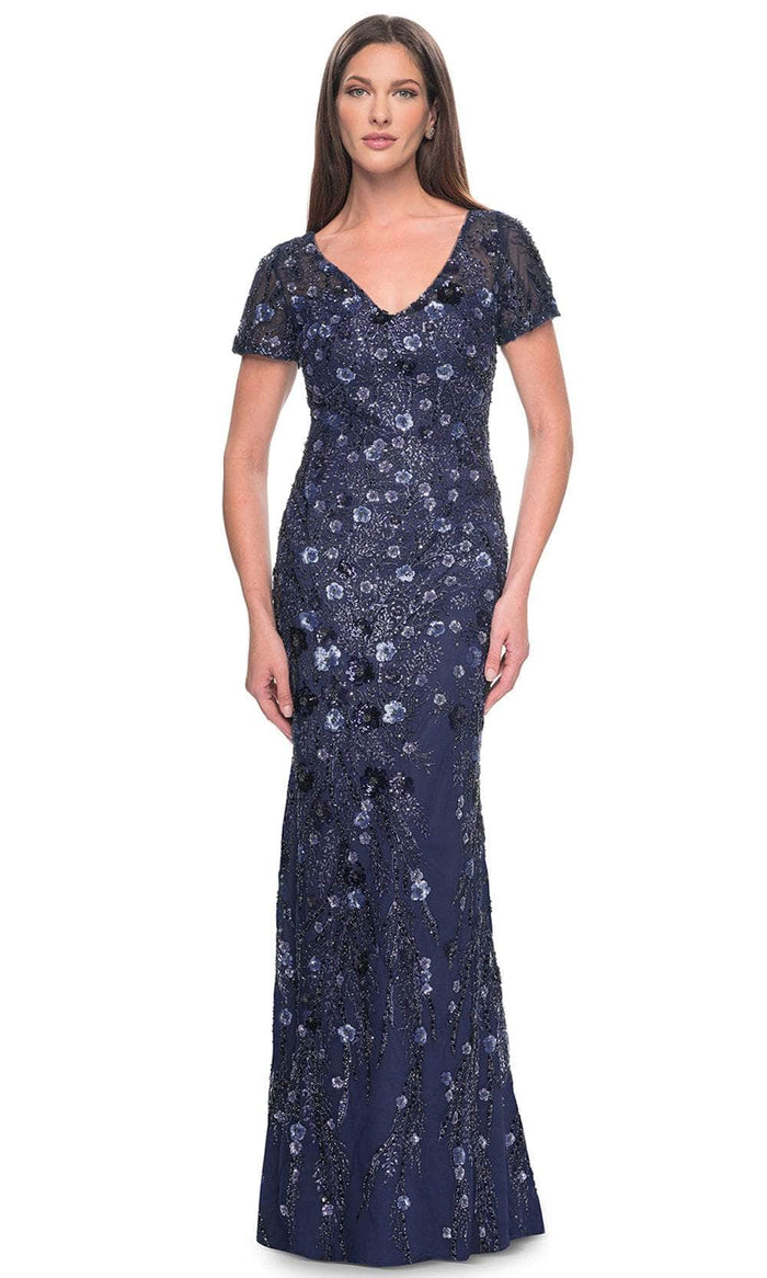 Sim - V-Neck Sparkling Floral Embellished Evening Dress Mother of the Bride Dresses 4 / Navy