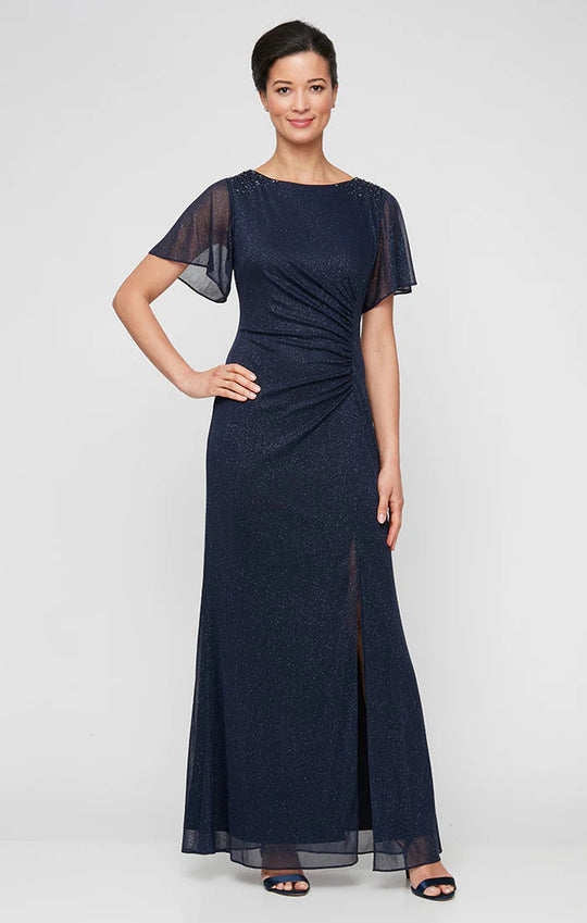 S.L. Fashions 9133233 - Ruched Waist Glitter Mesh Evening Gown