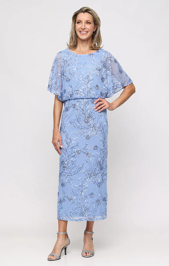S.L. Fashions 9196478 - Blouson Bodice Sequin Tea-Length Dress