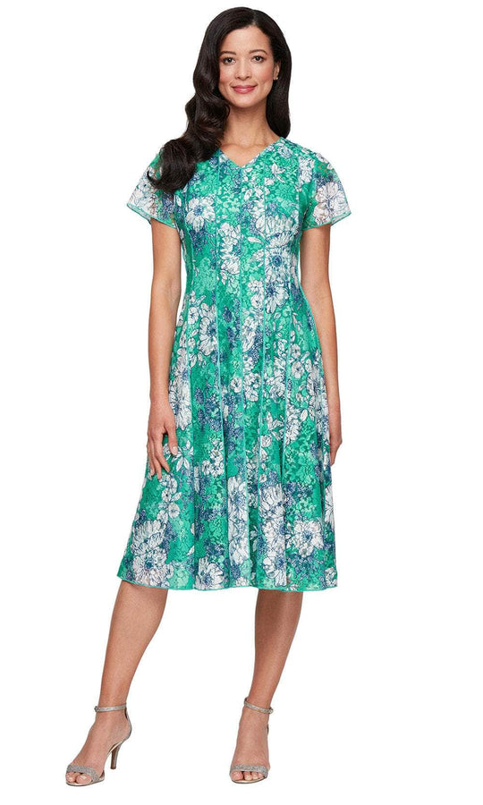 S.L. Fashions Dresses 9112198 - Tea-Length Printed Lace Dress Semi Formal