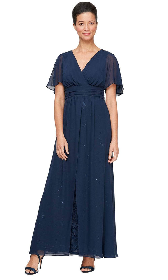 S.L. Fashions 9113130 - Flutter Sleeves Ruched Evening Gown