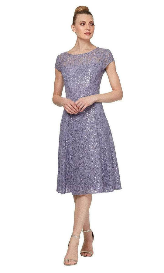 S.L. Fashions - 9119129 Embroidered Scoop Neck Tea Length Dress