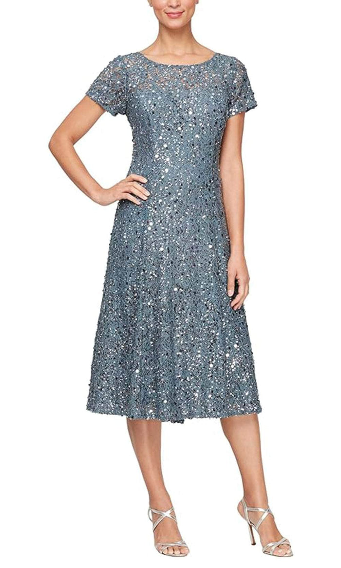 SLNY 9119443 - Sequin Lace Tea Length Dress Graduation Dresses 2 / Steel Blue