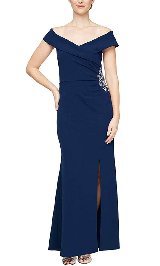 S.L. Fashions Dresses 9137212 - Cap S.L.eeve Ruched Evening Dress Evening Dresses 6 / Navy