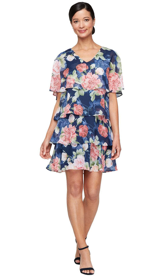 S.L. Fashions Dresses 9172105 - Floral Tiered Short Dress with Capelet S.L.eeves Wedding Guest