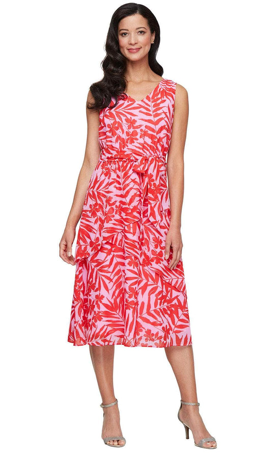 S.L. Fashions Dresses 9172109 - Tea-Length Floral Dress with Self-Tie Waist Wedding Guest