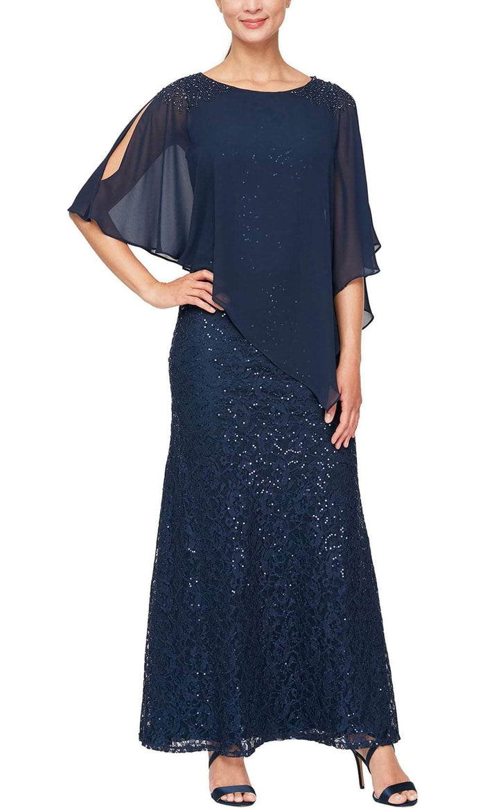 SLNY 9213121 - Sequin Lace Capelet Dress Mother of the Bride Dresses 4P / New Navy