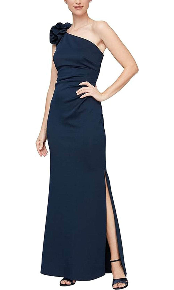 SLNY 9234208 - 3D Floral Accent One Shoulder Dress Prom Dresses 6P / Navy