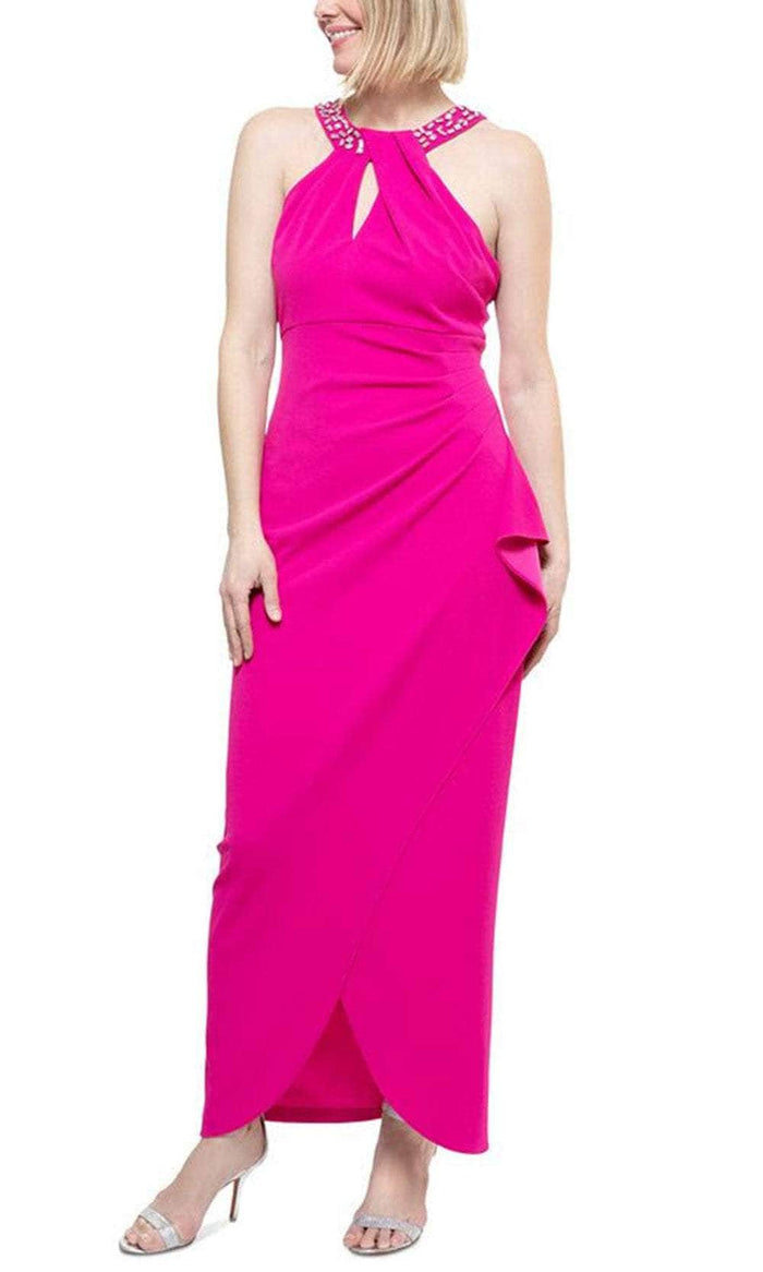 SLNY 9237208 - Ruffled Side Halter Dress Evening Dresses 4P / Fuchsia