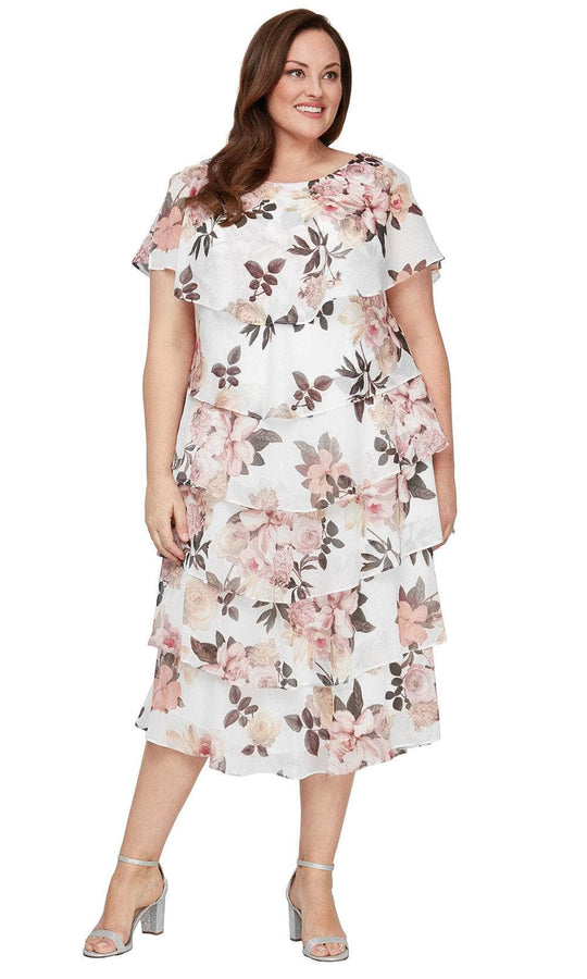 S.L. Fashions 9471803 - Floral A-Line Dress with Asymmetrical Overlay