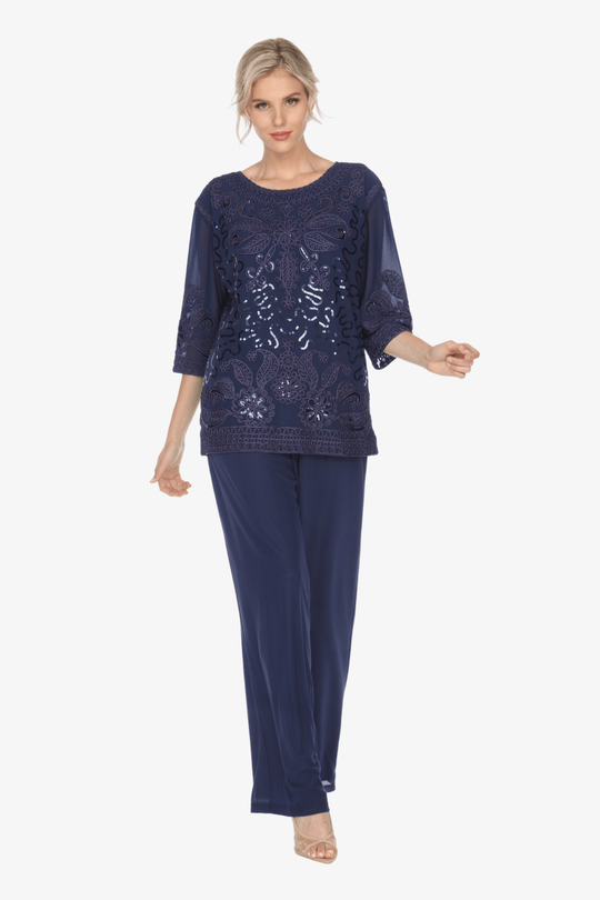Soulmates - Soulmates 2203 Embroidered Lace Beaded Top with Pants Set