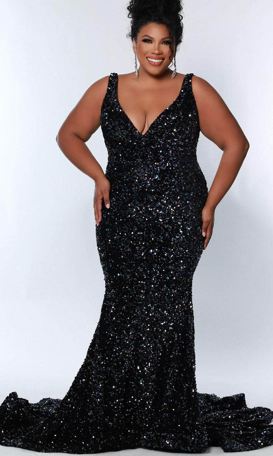 Sydney's Closet JK2308 - V-Neck Velvet Sequin Evening Dress