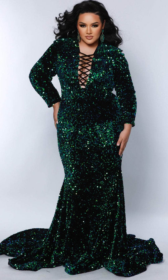 Sydney's Closet JK2421 - Long Sleeve Velvet Sequin Evening Dress