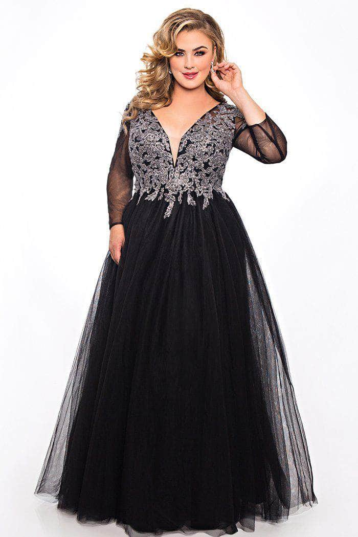 Sydney's Closet SC7299 - Long Sleeve Embroidered Bodice Ballgown Special Occasion Dress 32 / Black