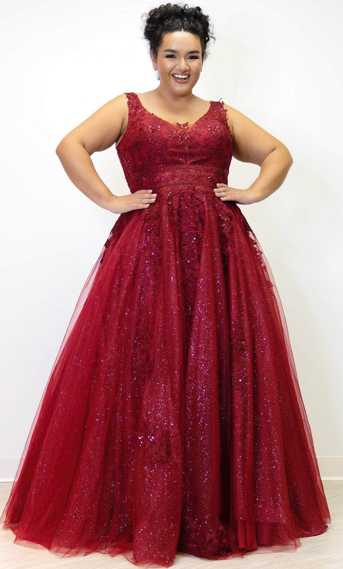 Sydney's Closet SC7358 - Lace Appliqued Tulle Formal Gown Formal Gowns 14 / Wine