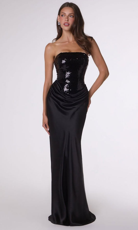 Amoris by Ladivine T744 - Sequin Ornate Strapless Satin Evening Dress