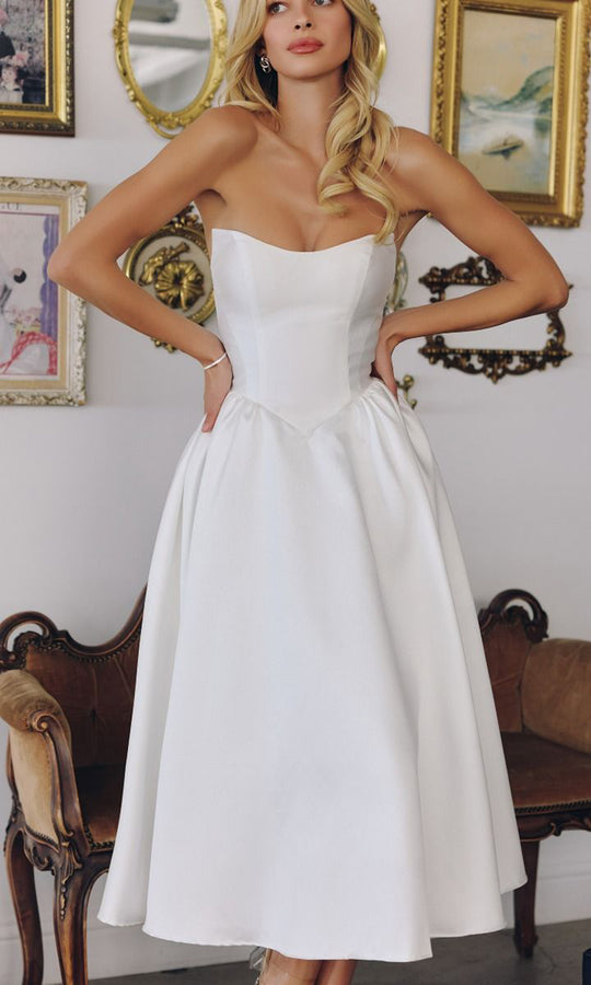 Amoris by Ladivine T822W - Strapless Basque Tea-Length Dress