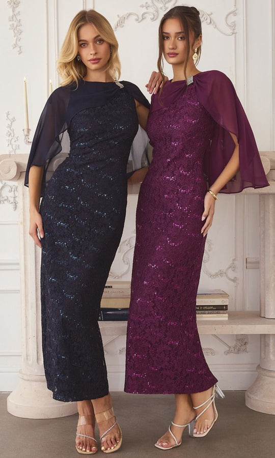 Amoris by Ladivine T906 - Cape Overlay Lace Column Dress