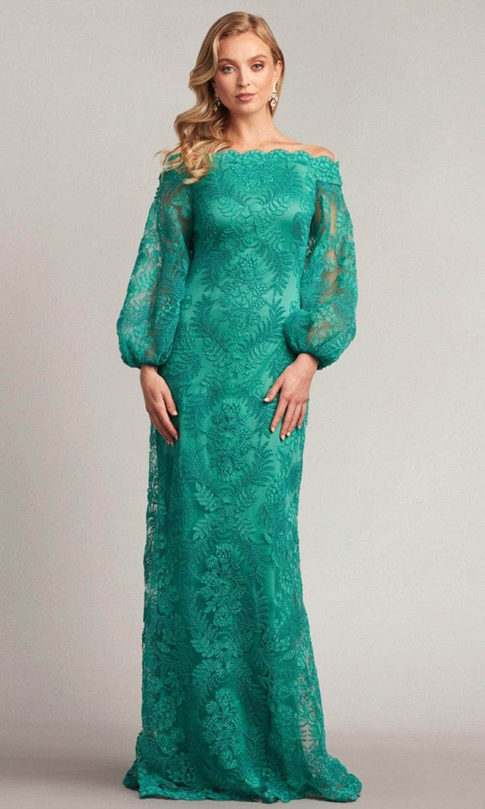 Tadashi Shoji AUL19261L - Bishop Sleeve Embroidered Evening Gown Formal Gowns 0 / Cool Aqua