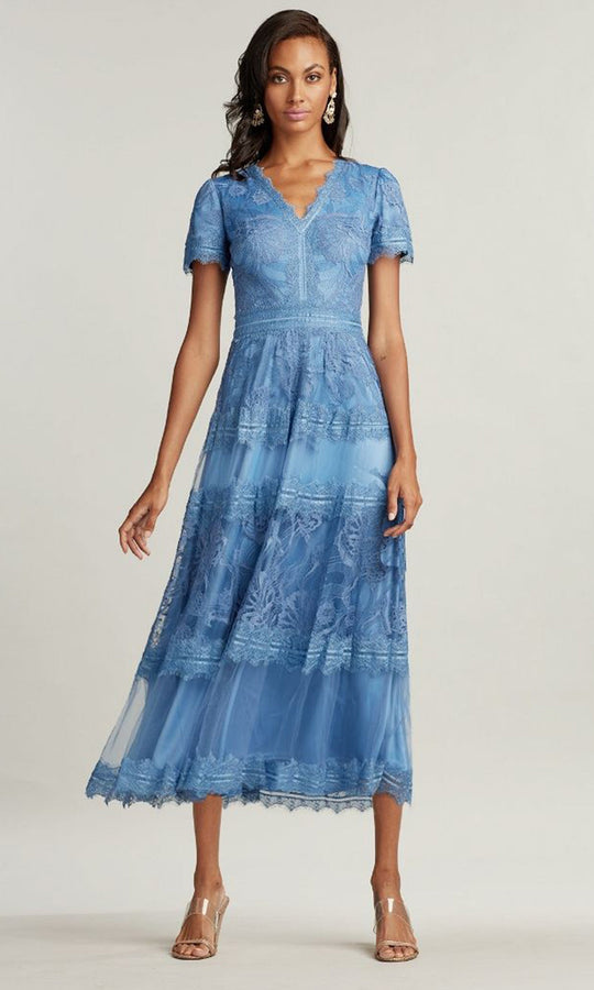 Tadashi Shoji AWI20506MD - Scalloped V-Neck Tea-Length Lace Dress