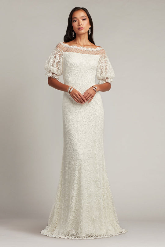Tadashi Shoji BTW22022LBR - Whelan Embroidered Puff-Sleeve Gown