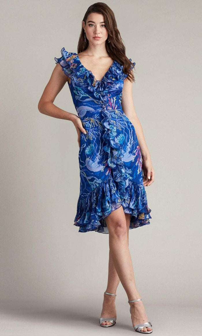 Tadashi Shoji CFM24399M - Printed Cascading Ruffle Casual Dress Holiday Dresses 0 / Mystic Blue