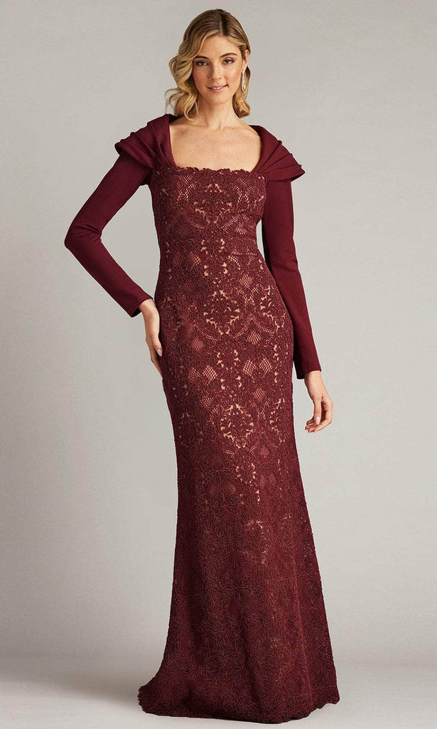 Tadashi Shoji CGC24684L - Long Lace/Crepe Mermaid Dress - Long Sleeves, Pleated Shawl Collar, Full Back, Sweep Train Couture Candy Tadashi Shoji CGC24684L - Long Lace/Crepe Mermaid Dress - Long Sleeves, Pleated Shawl Collar, Full Back, Sweep Train Couture Candy