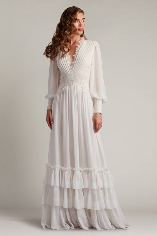 Tadashi Shoji YV25330L - Topanga Tiered Bishop Sleeve Evening Gown