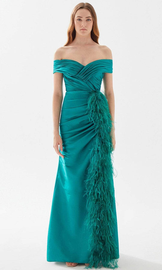 Tarik Ediz 52112 - Ruched and Feathered Evening Gown