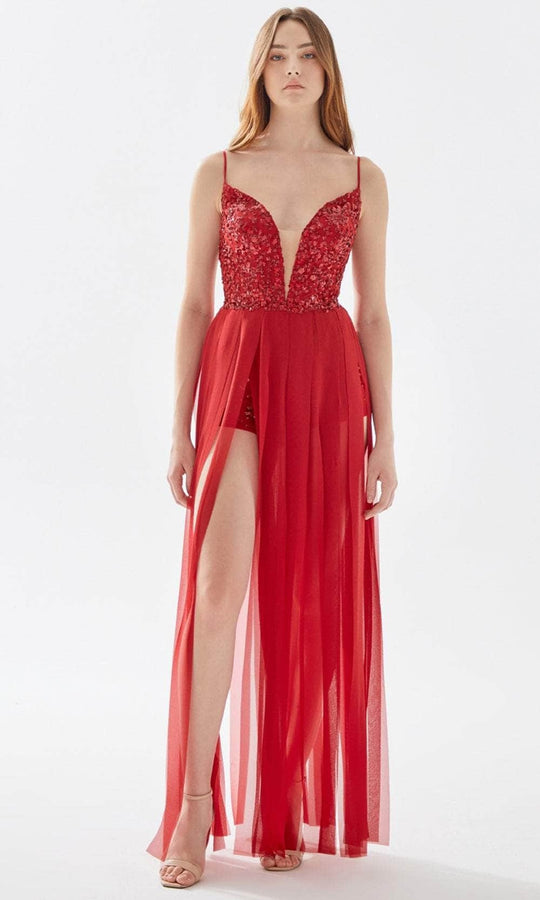 Tarik Ediz 52133 - V-Neck Fringed A-Line Prom Gown