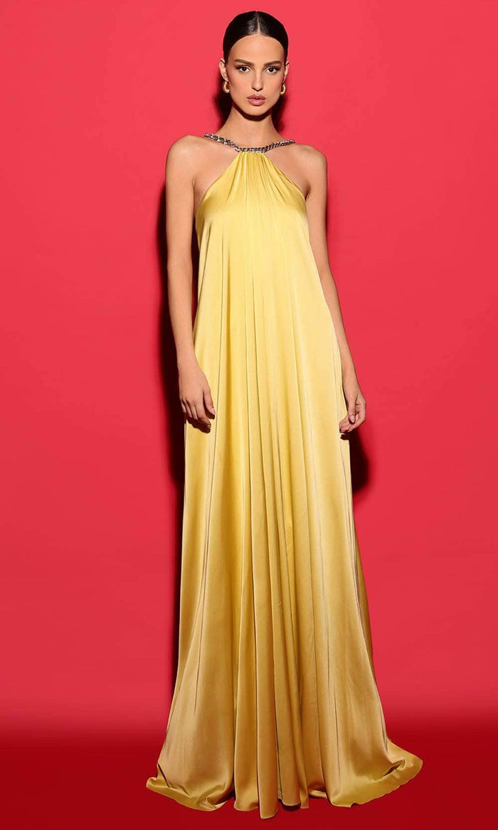 Tarik Ediz 53181 - Halter Sleeveless Long Dress Long Dresses 0 / Yellow