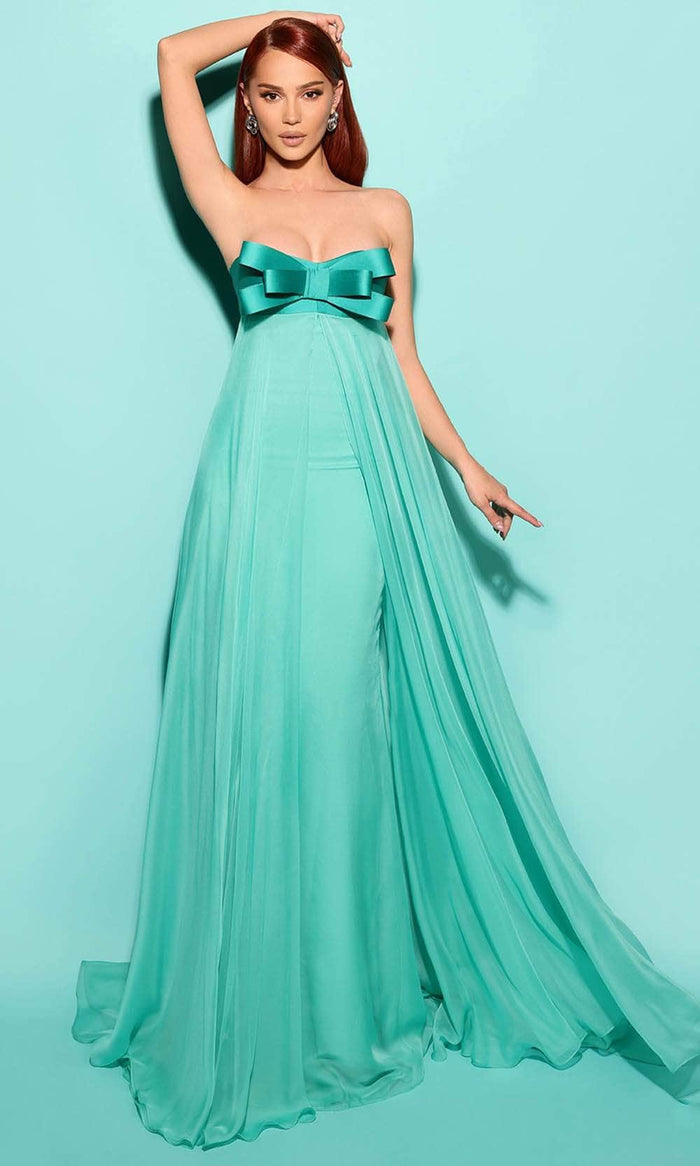 Tarik Ediz 53183 - Bow Accent Sweetheart Evening Gown Special Occasion Dress 0 / Lagoon Green