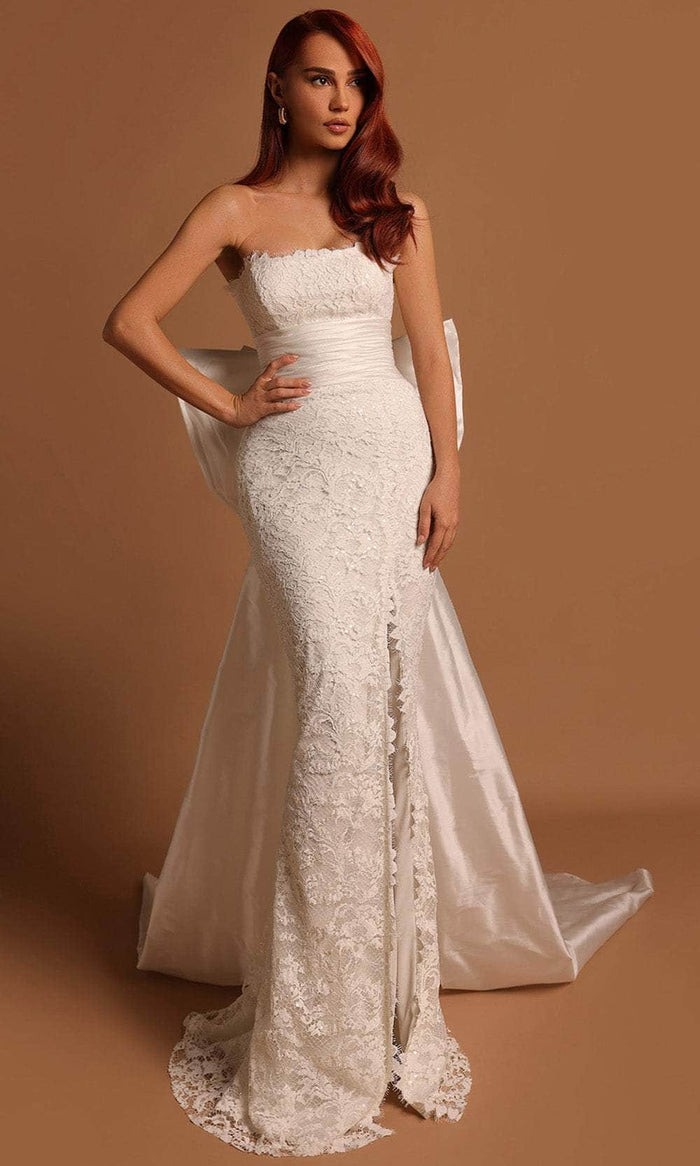 Tarik Ediz 53198 - Ruched Off-Shoulder Long Dress Bridal Dresses 0 / Ivory