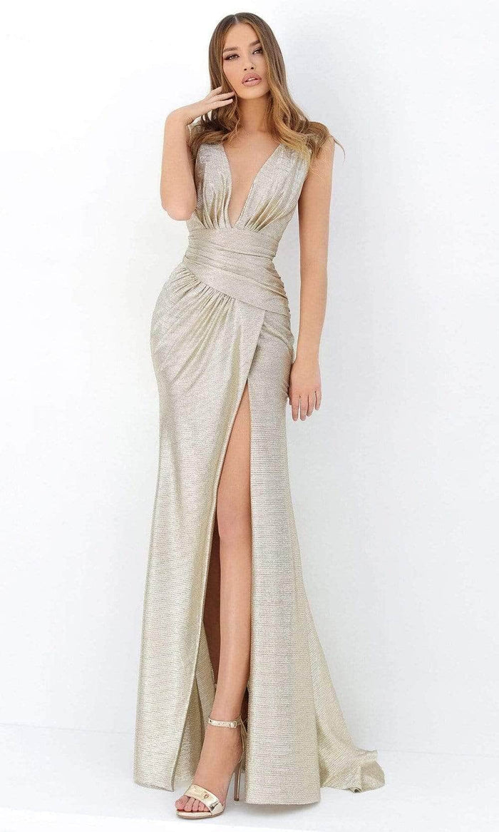 Tarik Ediz 93922 - Plunging Pleated Waist Evening Dress Evening Dresses 6 / Gold