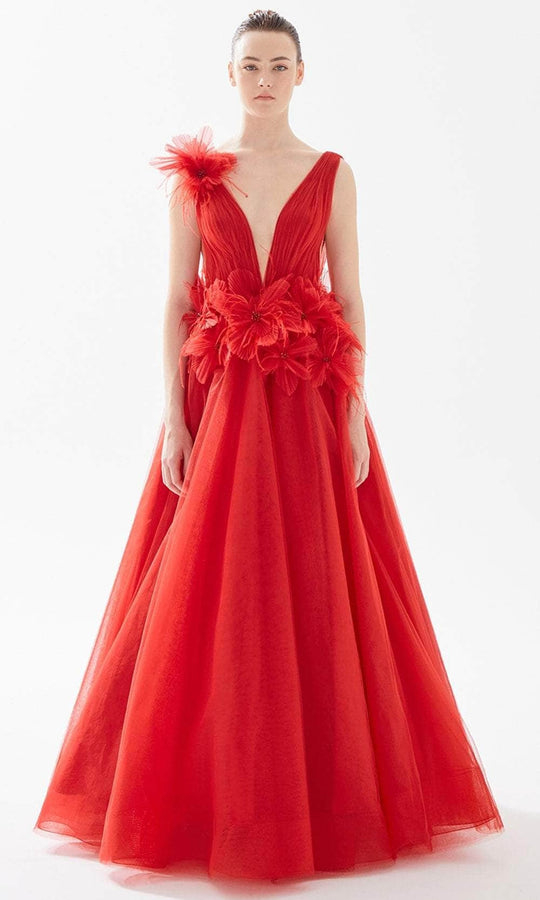Tarik Ediz 98240 - Plunging V-Neck Appliqued Evening Gown
